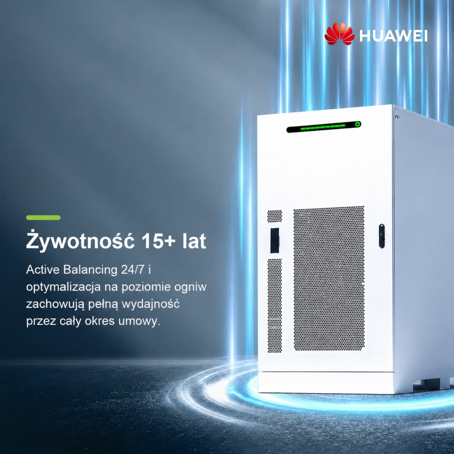 Żywotność 15+ lat — Active Balancing 24/7 i optymalizacja na poziomie ogniw zachowują pełną wydajność przez cały okres umowy.